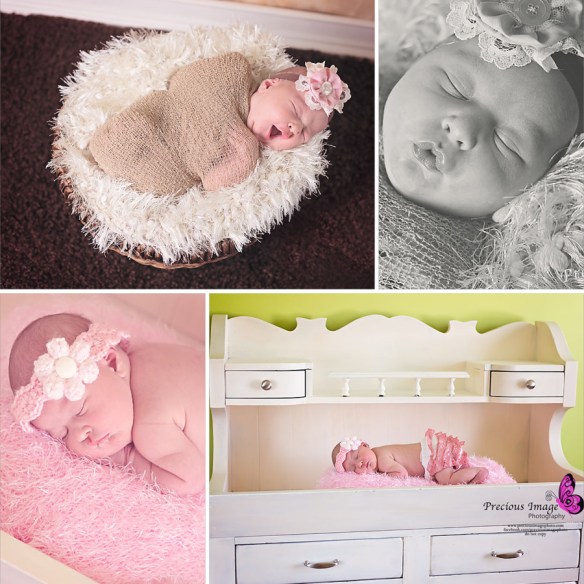 newborn girl wearing wrap in a basket