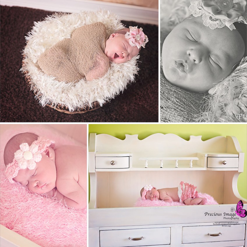 newborn girl wearing wrap in a basket