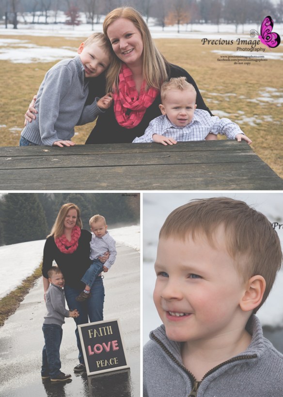 Family photos with sign and picnic table