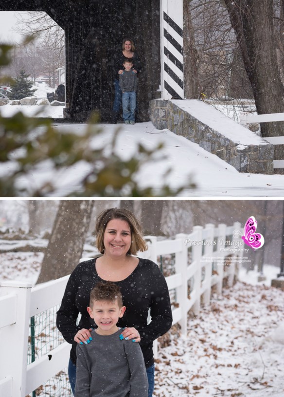 covered bridge and white fence photo of mom and son